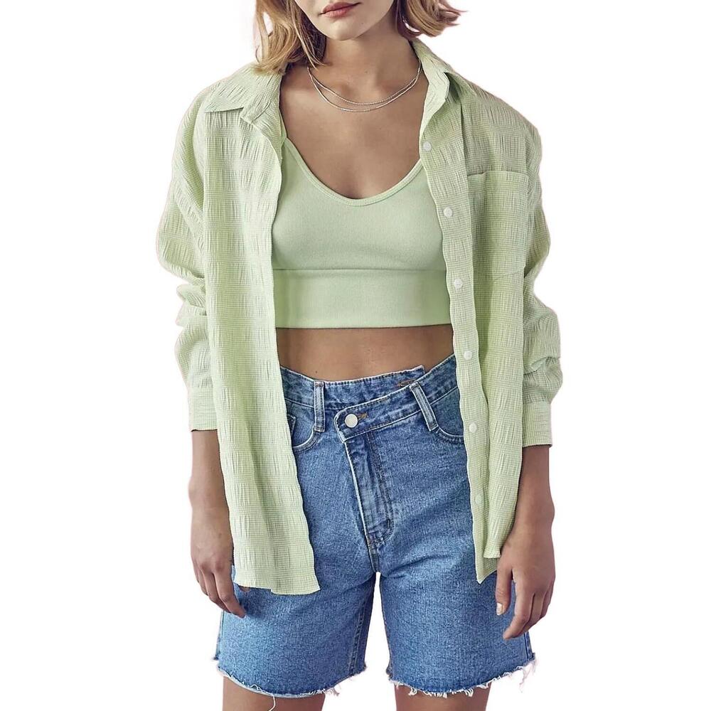 NEW DESSIN STUDIO shirred crinkled button-up shirt in green